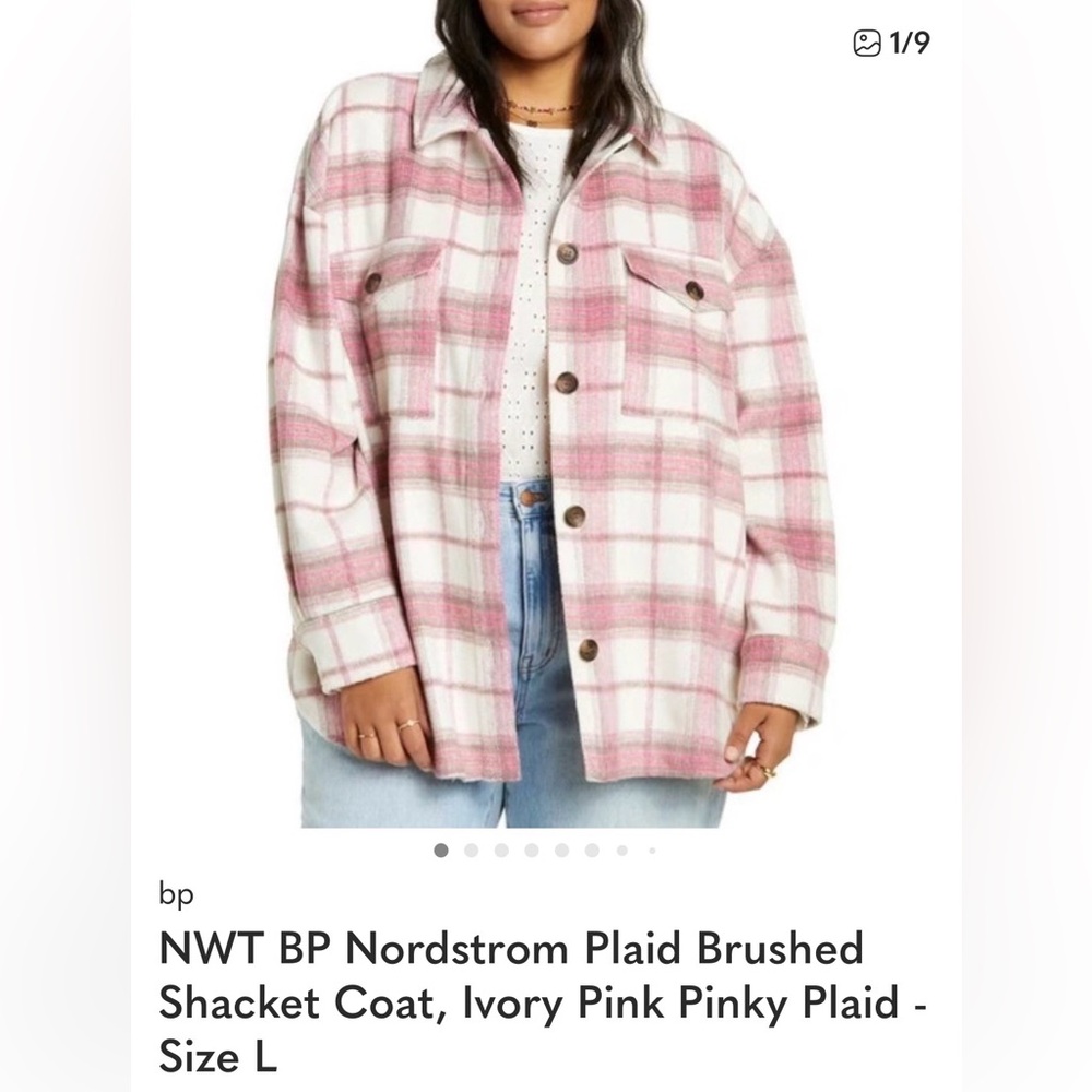 NWT BP Nordstrom Plaid Brushed Shacket Coat, Ivory Pink Pinky Plaid -‎ Size L